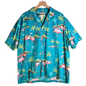 Vintage Paradise Found Flamingo Hawaiian Shirt 1X XL Teal‎ Green Pink